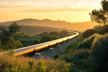 Curving pipeline stretches across lush hills under golden sunset