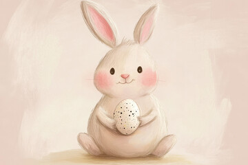 A sweet cartoon-style Easter Bunny with chubby cheeks and floppy ears, gently cradling a tiny, speckled Easter egg in its paws.
