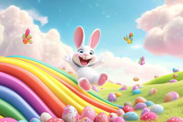 A playful, cartoon-style Easter Bunny sliding down a rainbow into a field of candy-colored Easter eggs, laughing joyfully.