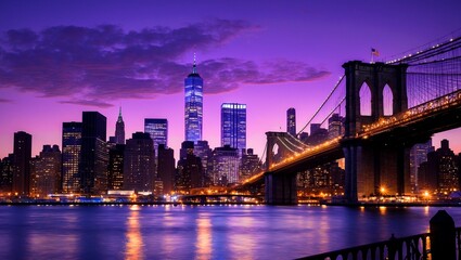 Naklejka premium New york city skyline dusk with historic bridge