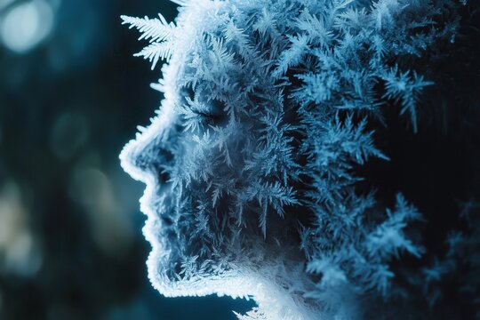 Frozen Face: A Crystalline Portrait of Winter's Embrace.  A mesmerizing image of a face adorned with intricate frost patterns, capturing the essence of winter's serene beauty.