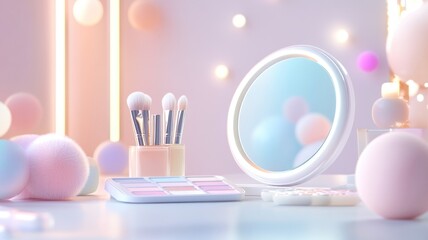 Pastel soft aesthetic makeup scene with brushes and mirror for beauty inspiration
