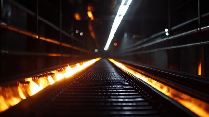 A train track is engulfed in flames, creating a dramatic scene of fire and destruction, highlighting the dangers associated with railways.