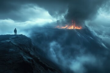 Fototapeta premium Witnessing the Fiery Heart of a Volcano: A Solitary Figure Contemplates Nature's Raw Power in a Dramatic Volcanic Eruption Landscape