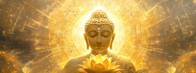 A Buddha with a lotus flower, sitting cross-legged and floating in the air
