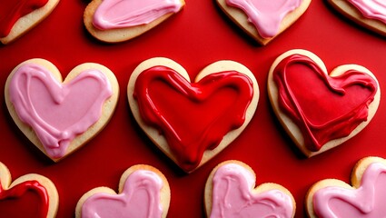 Obraz premium Romantic heart-shaped cookies glazed in pink and red