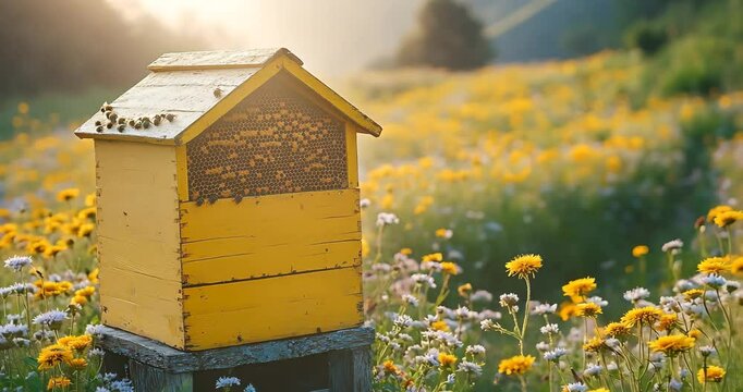A yellow beehive stands in a field of wildflowers, bees buzzing around it under the morning sun.