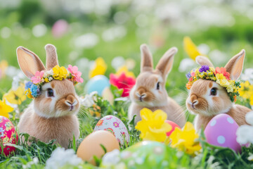 A vibrant Easter Bunny scene with bunnies dressed in flower crowns, hopping around a field of bright, blooming flowers and eggs.