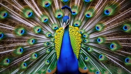 Obraz premium A vibrant peacock with its feathers fully fanned out, showcasing its colorful plumage, perfect for a peacock wallpaper.