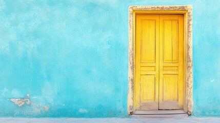 Yellow door on a teal wall.