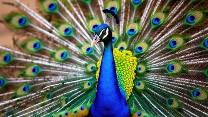 Obraz premium A vibrant peacock wallpaper showcasing the bird's stunning plumage with iridescent blue and green feathers.