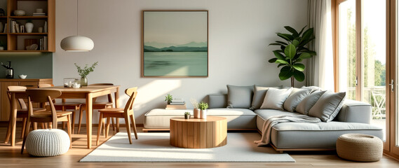 Obraz premium modern living room interior with a light grey sectional sofa and wooden furniture