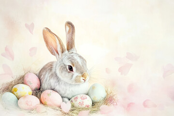 Obraz premium A traditional Easter Bunny in a soft watercolor style, sitting in a nest of pastel Easter eggs while cherry blossom petals drift gently around.