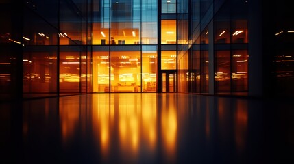 Fototapeta premium Aerial perspective of a modern building featuring an expansive glass wall and a prominent entrance door, showcasing contemporary architecture.