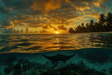 Majestic Manta Ray at Sunset: An Underwater Paradise in the Tropical Ocean. A breathtaking seascape of vibrant colors and serene beauty.