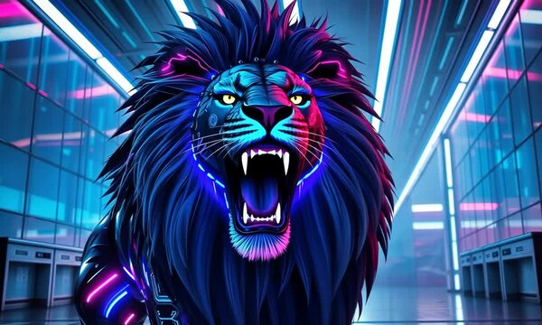 Cyberpunk Big Lion, Featuring Neon Lighted Circuit Patterns in Electric Blue and Magenta. Background Has Futuristic Holographic Look with Customizable Lighting Effects. 4k