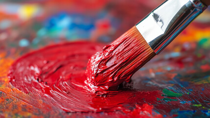 Fototapeta premium Paintbrush with Red Paint Strokes on Colorful Art Palette