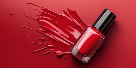 Red nail polish bottle with spilled liquid on red background