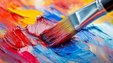 Fototapeta premium Close-up of Paintbrush with Red, Blue, and Yellow Paint Strokes on Canvas