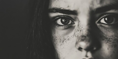 Obraz premium A captivating portrait of a young person with charming freckles and striking deep eyes