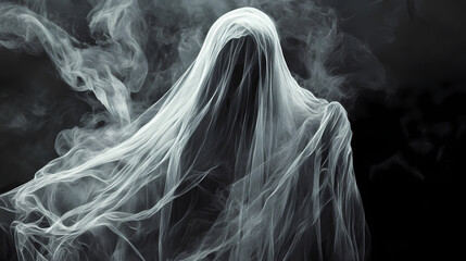 Ghostly apparition with white veil. Ethereal Ghostly Apparitions. Illustration