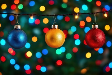 Colorful Christmas ornaments dangle from a string, illuminated by twinkling lights, creating a festive and cheerful atmosphere.