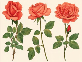 Three Peach Roses: Blossoms, Bud, Stems, and Leaves