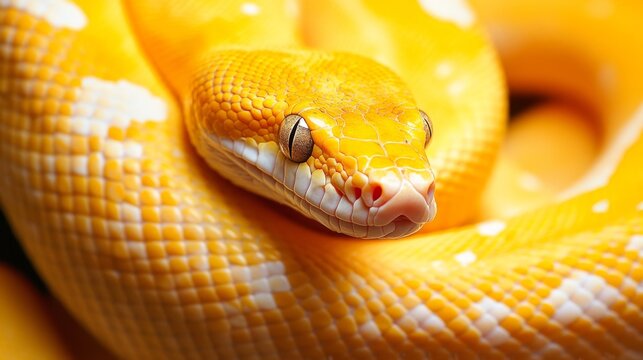Albino python with vibrant yellow and white scales in a close-up shot