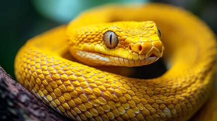 Obraz premium Vibrant yellow pit viper coiled on a branch with piercing eyes