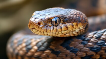 Fototapeta premium Brown-scaled viper in a detailed close-up with textured patterns and piercing eyes