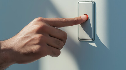 Finger pushing red button on modern control panel