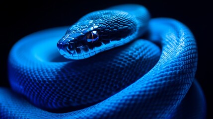 Fototapeta premium Striking blue snake coiled in dramatic lighting with piercing eyes