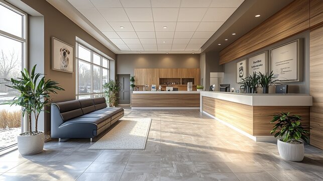 A spacious and modern veterinary clinic lobby featuring a comfortable sofa, plants, and a reception desk. Natural light fills the area, creating a welcoming atmosphere.