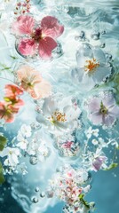 Liquid blue water background with colorful spring flowers, some of which are submerged. Fluidity of water with the vibrant colors and delicate forms of spring bloom.