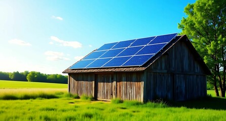 Obraz premium solar panels on wooden farm shed roof