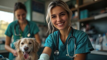 A cheerful female veterinarian of European descent poses for a photo with a dog in a clinic, displaying compassion and professionalism.