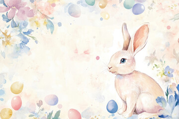 A watercolor Easter Bunny with delicate strokes of blue, peach, and lilac, blending into a dreamy floral background with scattered Easter eggs.