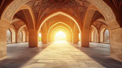 Obraz premium Serene Architectural Arches Illuminated by Sunrise in Historic Setting