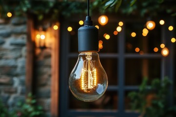 A solitary light bulb suspends from a wire, prominently featured against the backdrop of a modern building, highlighting urban design and illumination.