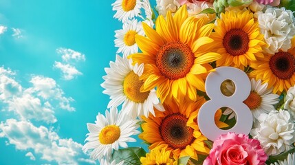 Obraz premium White number 8 among sunflowers, daisies and roses on the background of blue sky with clouds, symbolising summer and joy