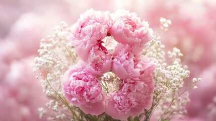 Floral figure 8 of pink peonies and gypsophila on a background of soft bokeh, symbolising tenderness and refinement