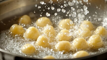 A pot of potatoes boiling in water, showcasing the cooking process and preparation of a delicious side dish.