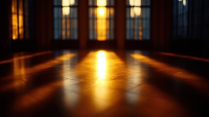 Sunlight filters through a window, illuminating a wooden floor in a cozy room, creating a warm and inviting atmosphere.