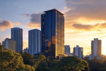 Fototapeta premium A vibrant city skyline silhouetted against a stunning sunset, highlighting the architectural diversity of buildings in a tranquil urban setting.