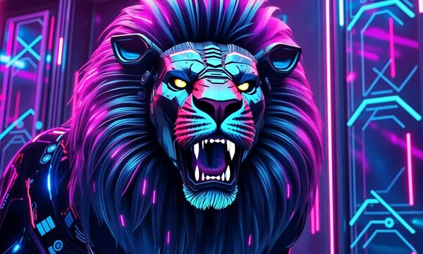 Cyberpunk Big Lion, Featuring Neon Lighted Circuit Patterns in Electric Blue and Magenta. Background Has Futuristic Holographic Look with Customizable Lighting Effects. 4k