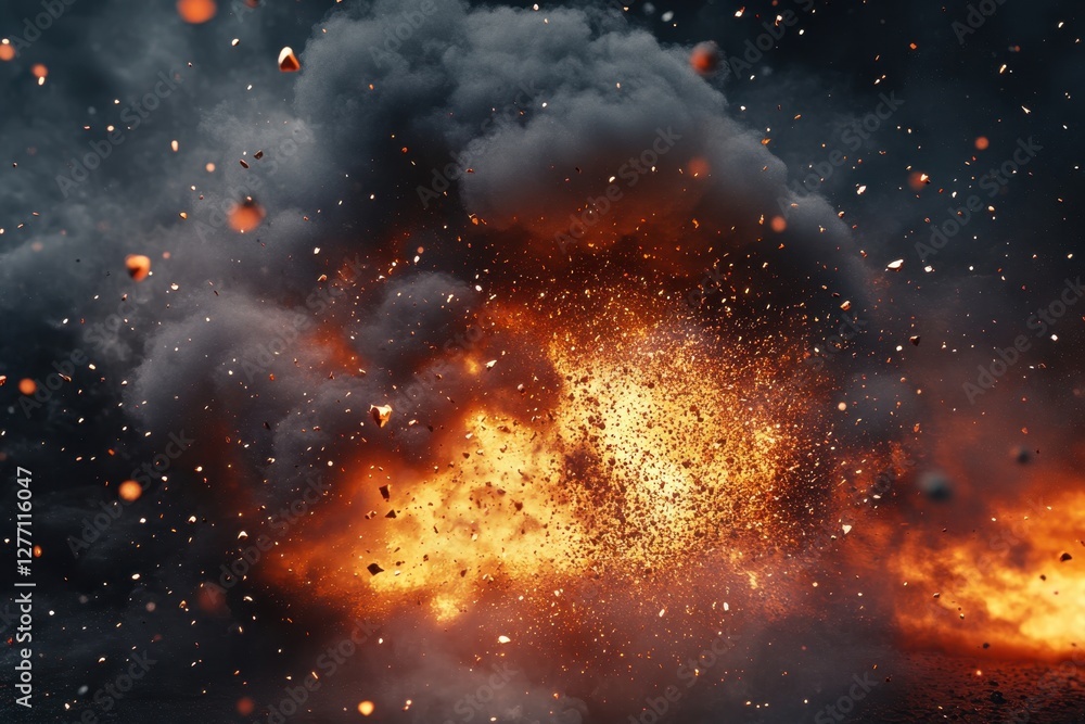 Poster explosive eruption creating a fiery display in a darkened sky during a dynamic event