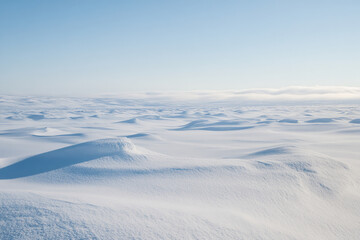A vast, snowy tundra stretching infinitely into the distance, with soft powdery textures, icy blue reflections, and a crisp, arctic wind shaping the drifts.