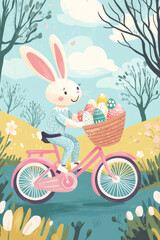 A playful cartoon-style bunny riding a pastel pink bicycle, carrying a basket full of decorated Easter eggs through a cheerful countryside.