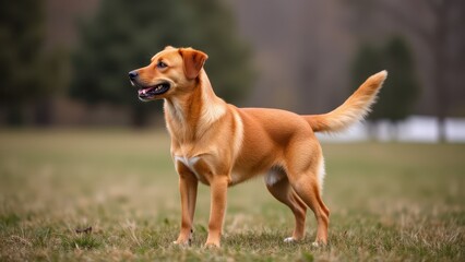 A red fox labrador stands alert on a grassy field, showcasing its sleek coat and attentive posture.