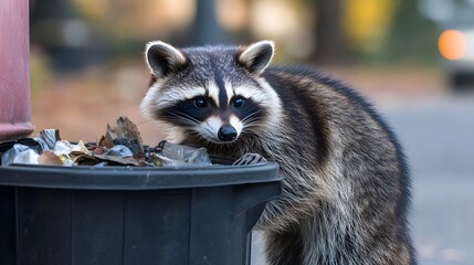 A raccoon curiously looking into a city trash can